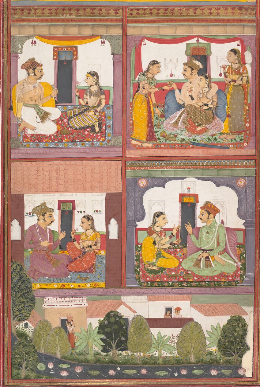 Quatro cenas de amor e uma paisagem: Página de um Raskapriya Disperso, ca. 1700 de Unbekannt