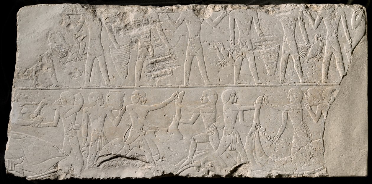 Fragmento de uma parede de tumba retratando portadores de oferendas e açougueiros, Egito, Império Antigo, meados da Dinastia... de Unbekannt