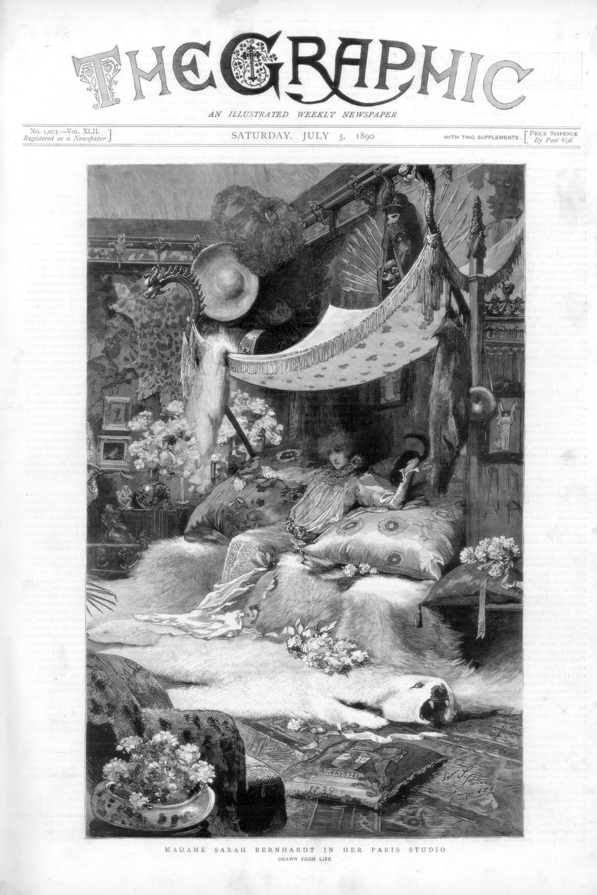 Atriz francesa Sarah Bernhardt em seu estúdio em Paris, França, 1890 de Unbekannt