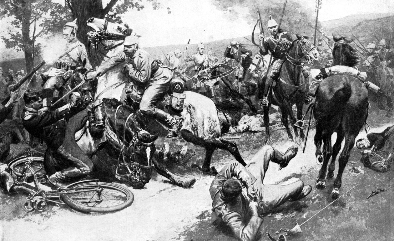 Cavalaria francesa atacando tropas alemãs, Primeira Guerra Mundial, 1914 de Unbekannt
