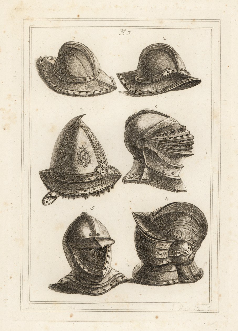 Capacete de ferro francês 1,2, capacete de aço gravado do século XVI 3, capacete grande e brilhante 4, capacete aberto 5, capacete ornamentado com viseira 6 de Unbekannt