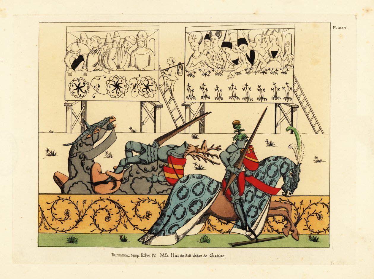O cavaleiro francês Jean de Saintre no leme com crista de cardo derrota o cavaleiro espanhol Enguerrant no leme com crista de veado num joute do manuscrito Histoire de Petit Jehan de Saintre, no final do século XV de Unbekannt