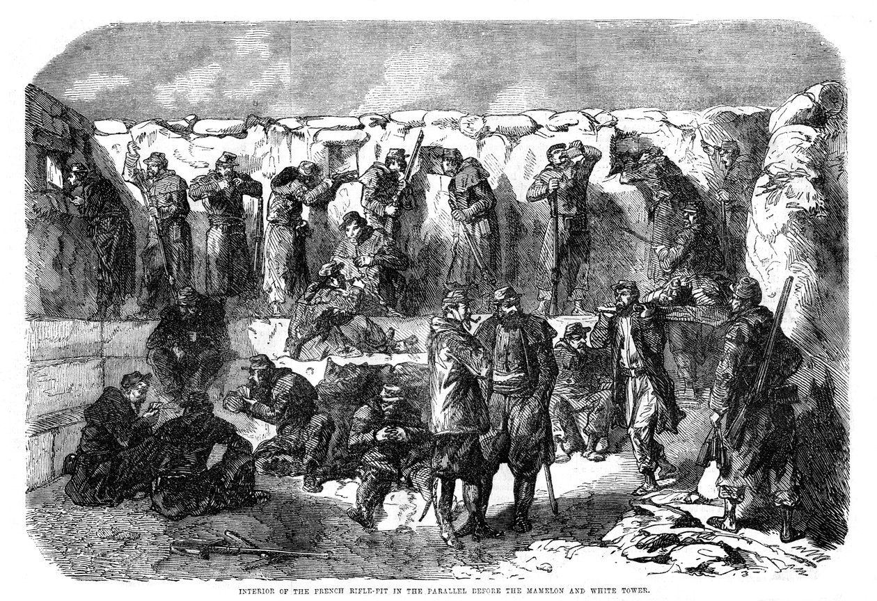 Fuzil francês no paralelo antes do mamelon e torre branca, Sebastopol, Guerra da Criméia, 1855 de Unbekannt