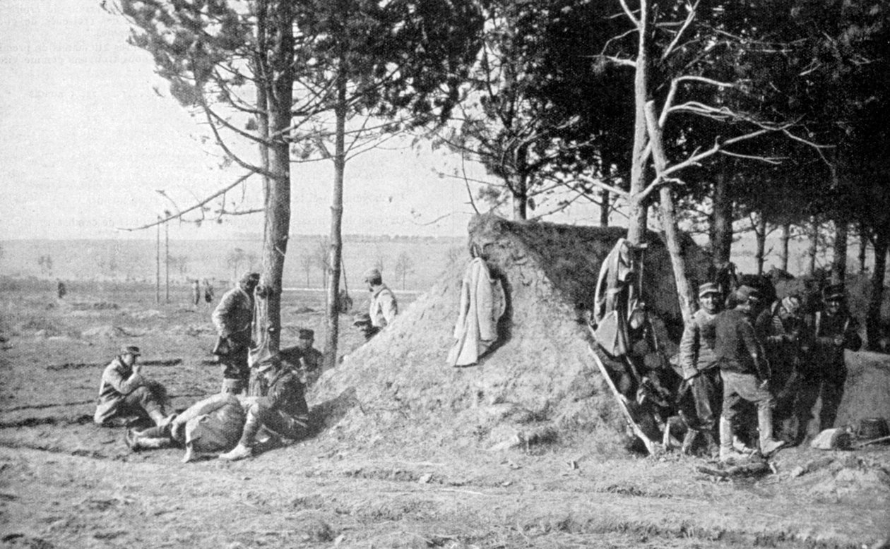 Soldados franceses em repouso após combate, região de Champagne, França, Primeira Guerra Mundial, 1915 de Unbekannt