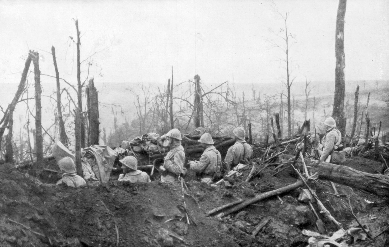 Soldados franceses com vista para posições alemãs, Batalha de Malmaison, 1917 de Unbekannt