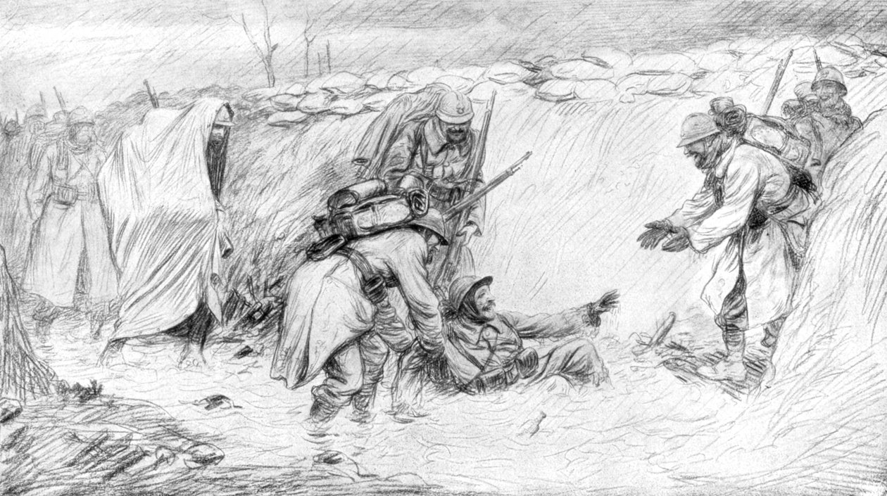 Soldados franceses, vendo o lado engraçado de cair na lama, Primeira Guerra Mundial, 1916, 1926 de Unbekannt