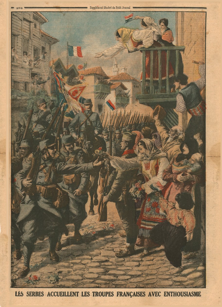 As tropas francesas são recebidas com entusiasmo pelos sérvios, 1915. de Unbekannt