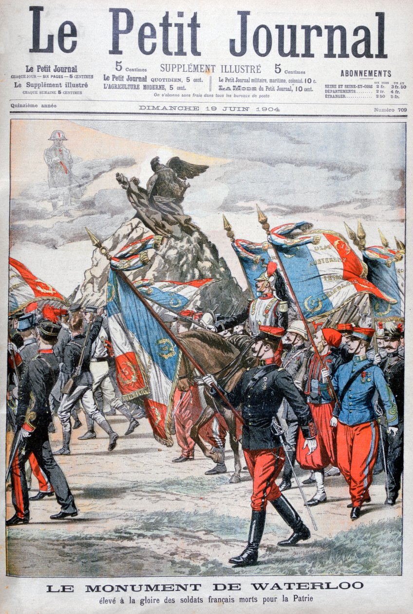 Tropas francesas desfilando após o monumento à batalha de Waterloo, 1904 de Unbekannt