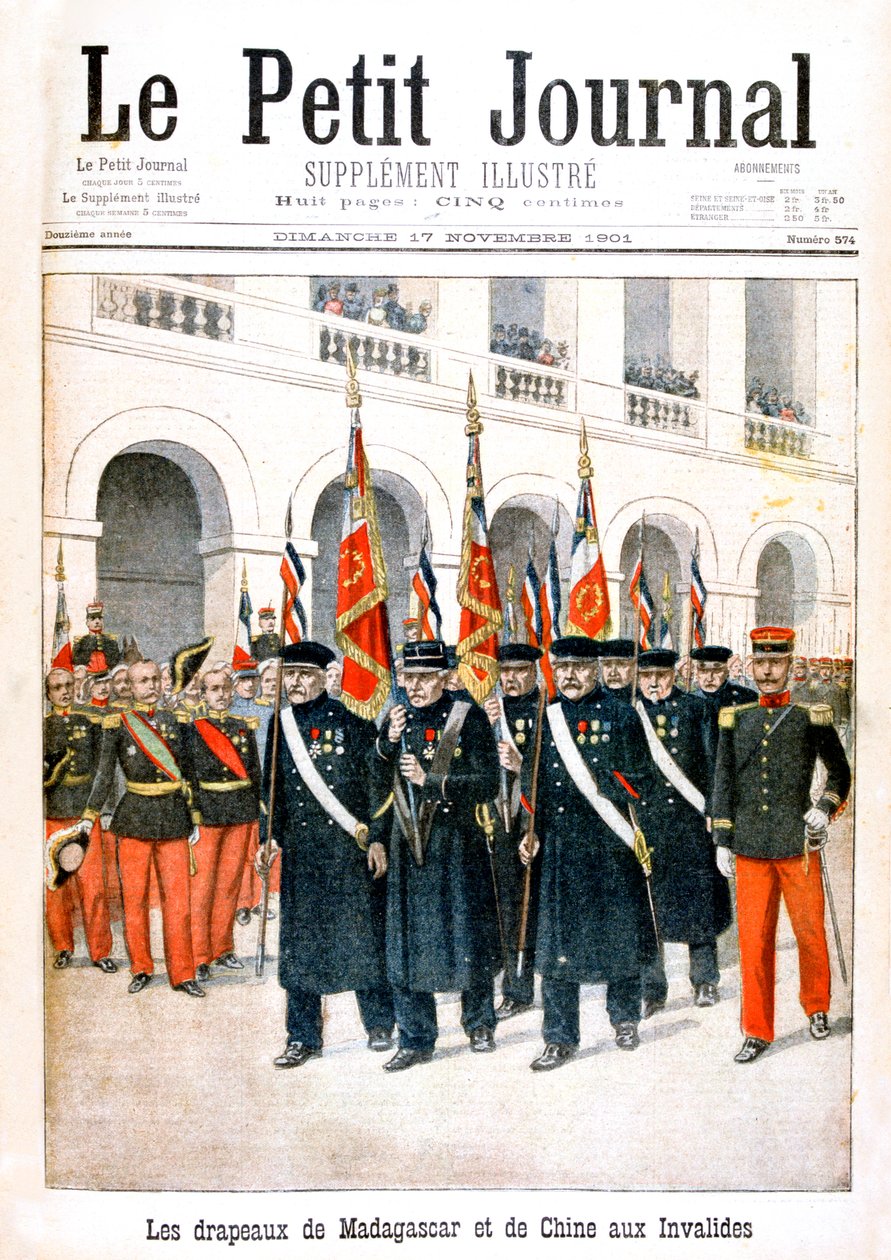 Veteranos de guerra franceses carregando bandeiras das campanhas de Madagascar e China, 1901 de Unbekannt