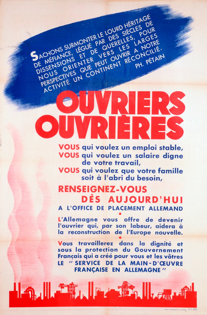 Cartaz de trabalhadores franceses para a Alemanha, c1942-1944 de Unbekannt