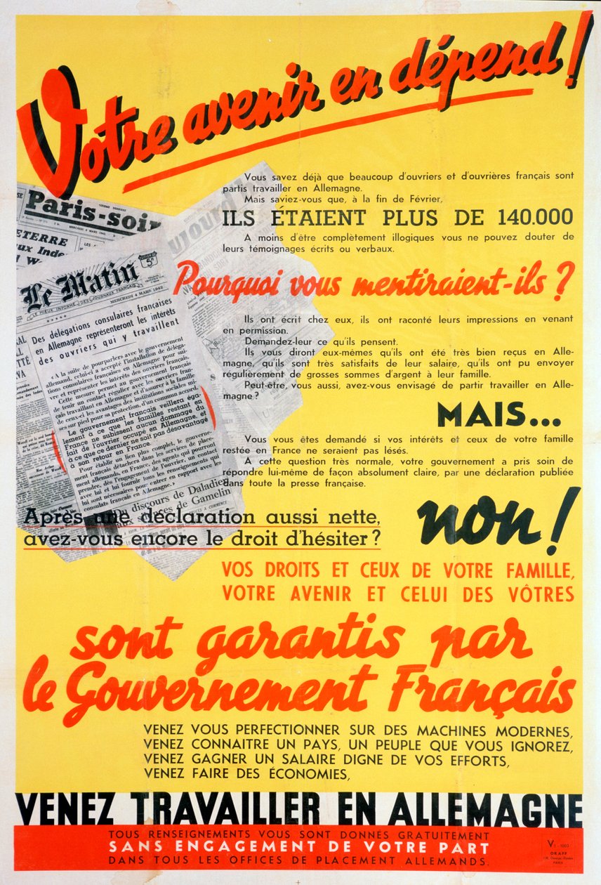Cartaz de trabalhadores franceses para a Alemanha, c1942-c1944 de Unbekannt