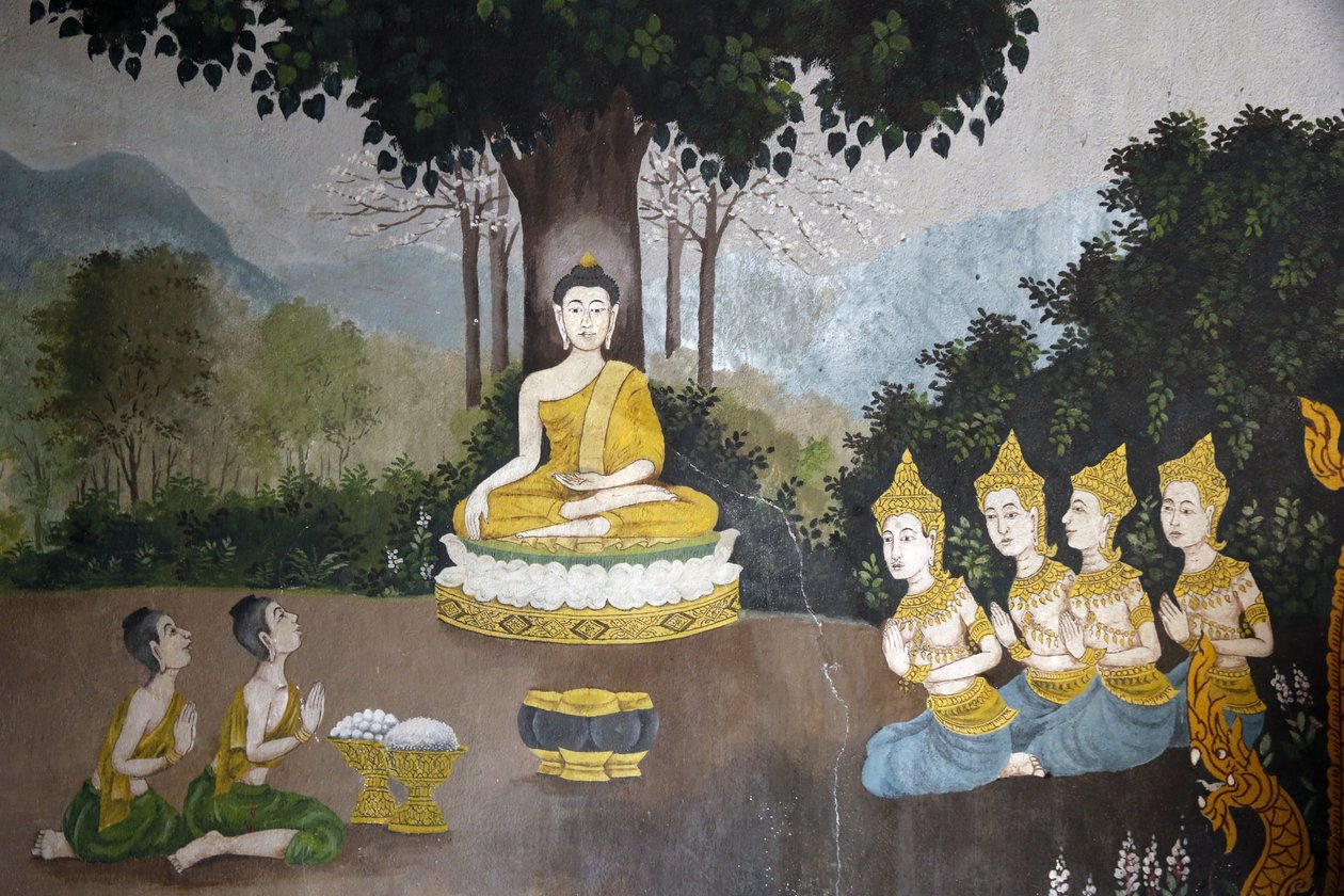 Fresco retratando uma cena da vida do Buda em Wat Phra Doi Suthep, Chiang Mai. Buda recebendo esmolas. Tailândia de Unbekannt