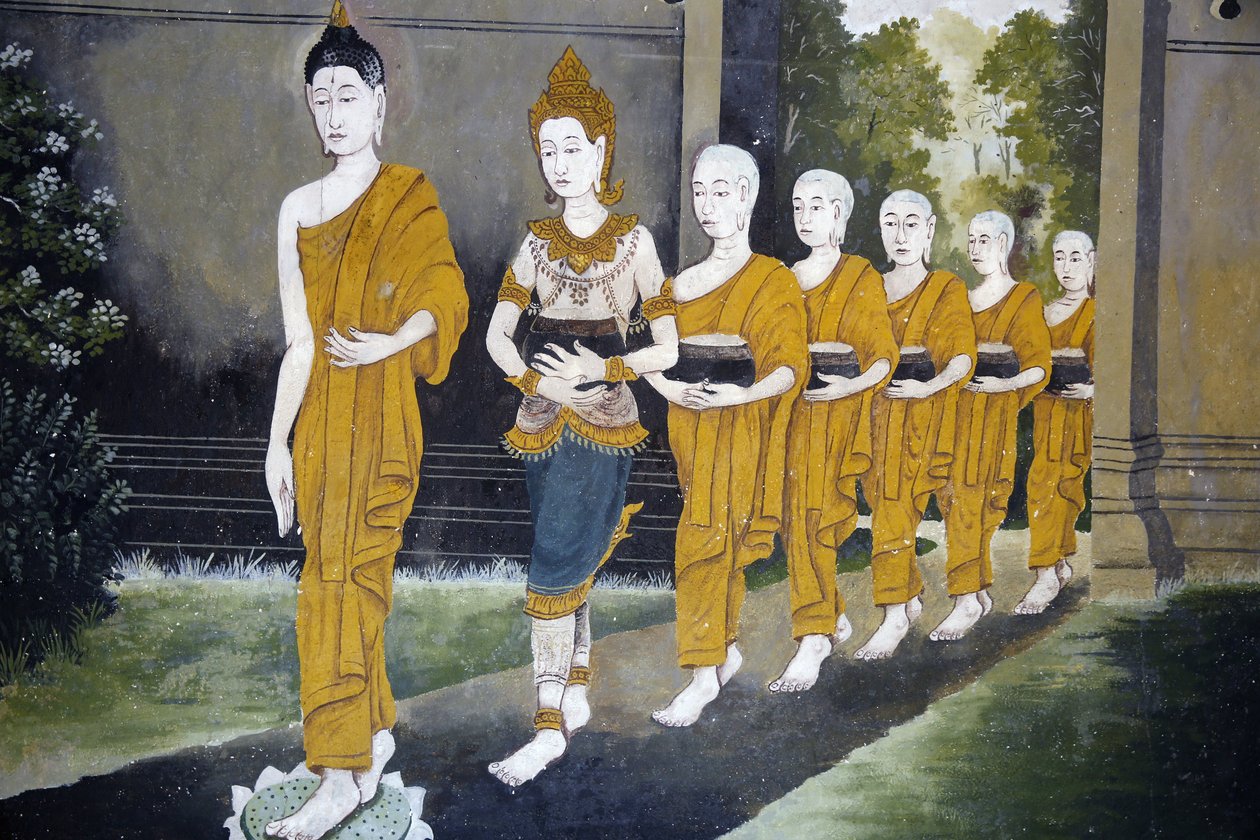 Fresco retratando uma cena da vida do Buda em Wat Phra Doi Suthep, Chiang Mai. Buda e monges em uma almôndega redonda. Tailândia de Unbekannt