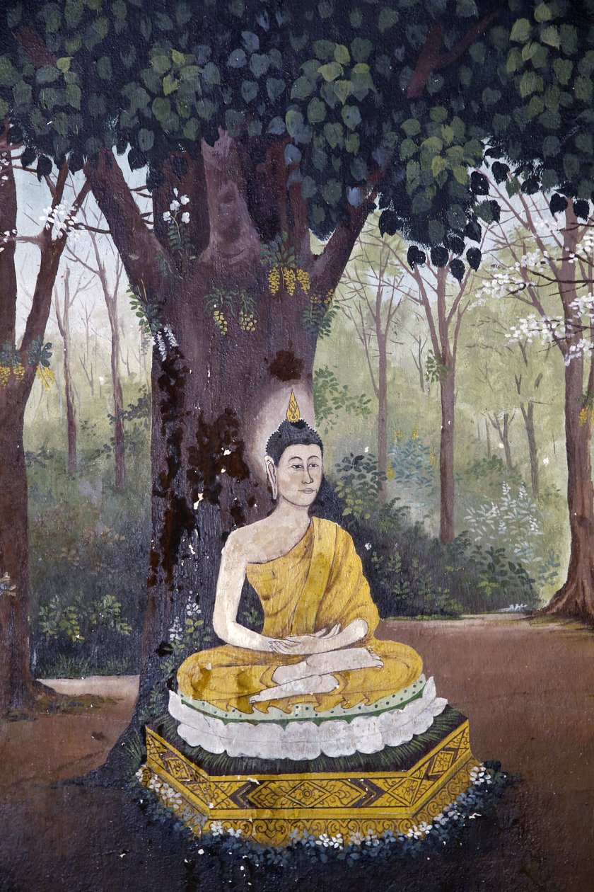 Fresco retratando uma cena da vida do Buda em Wat Phra Doi Suthep, Chiang Mai. Buda a meditar debaixo de uma árvore. Tailândia de Unbekannt