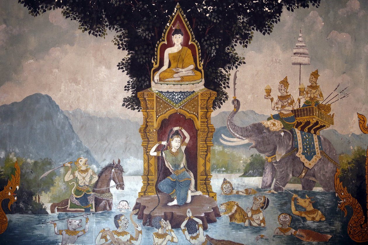 Fresco retratando uma cena da vida do Buda em Wat Phra Doi Suthep, Chiang Mai. Phra Mae Thorani torce seus longos cabelos e torrentes de água criam uma inundação. Tailândia de Unbekannt
