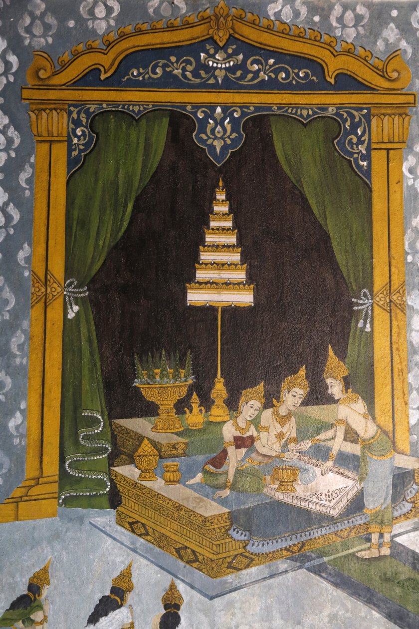 Fresco retratando uma cena da vida do Buda em Wat Phra Doi Suthep, Chiang Mai. O jovem Buda como um príncipe. Tailândia de Unbekannt