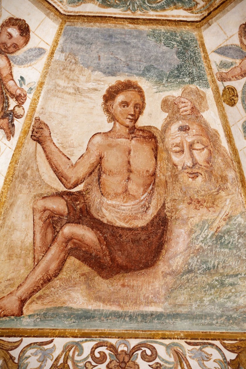 Fresco na igreja dominicana, Muro Leccese, Apúlia : homem com a cabeça de São João Batista, Muro Leccese, Itália de Unbekannt