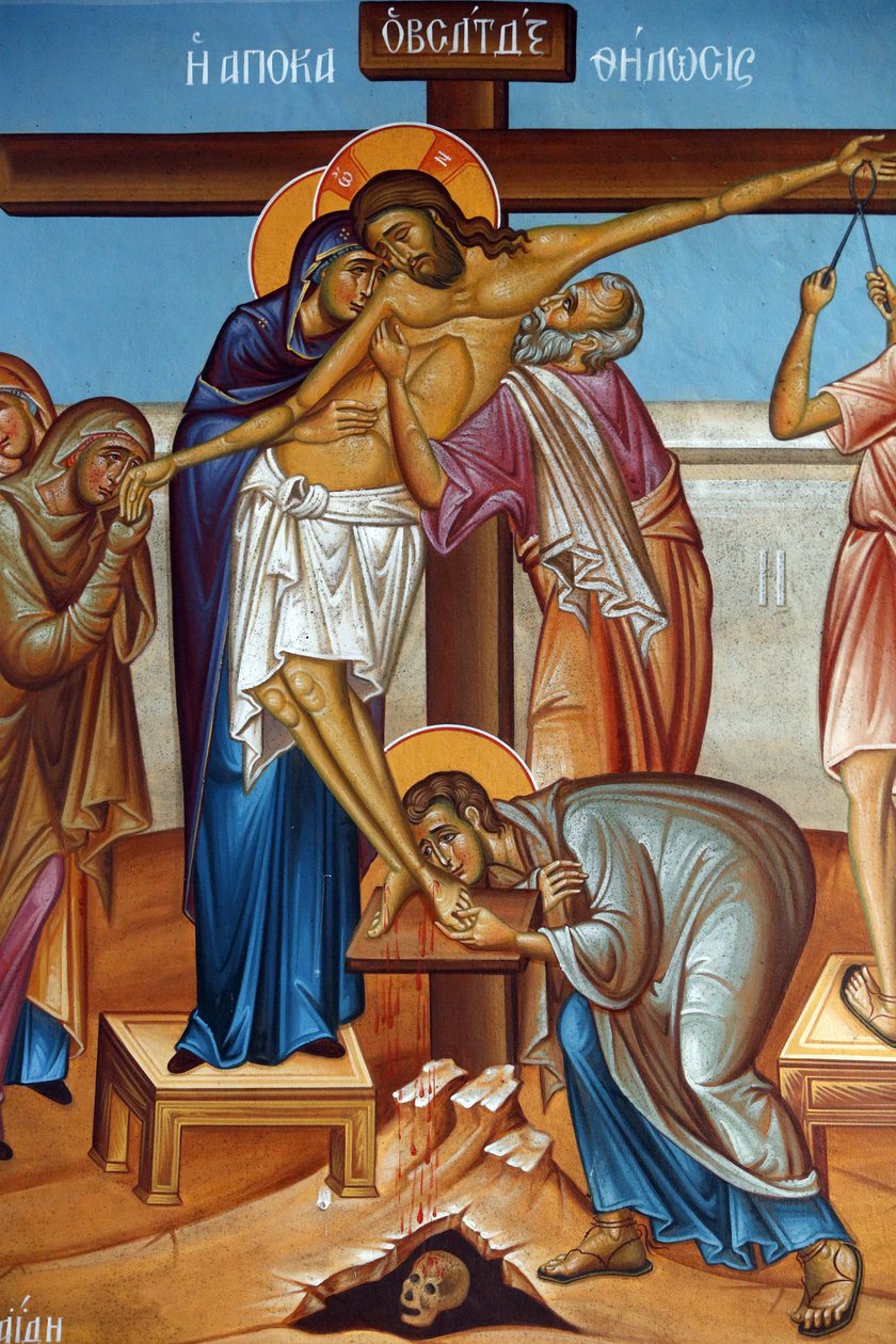 Fresco na igreja da Santa Cruz, Pedoulas. Lamento ao redor de Jesus Cristo na cruz, 20150510, Pedoulas, Chipre de Unbekannt