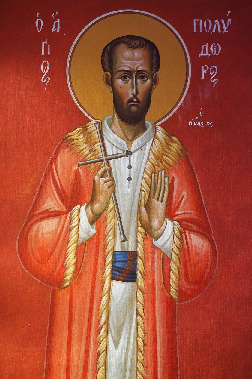 Fresco na igreja da Santa Cruz, Pedoulas. Saint Polydor de Chipre, 20150510, Pedoulas, Chipre de Unbekannt