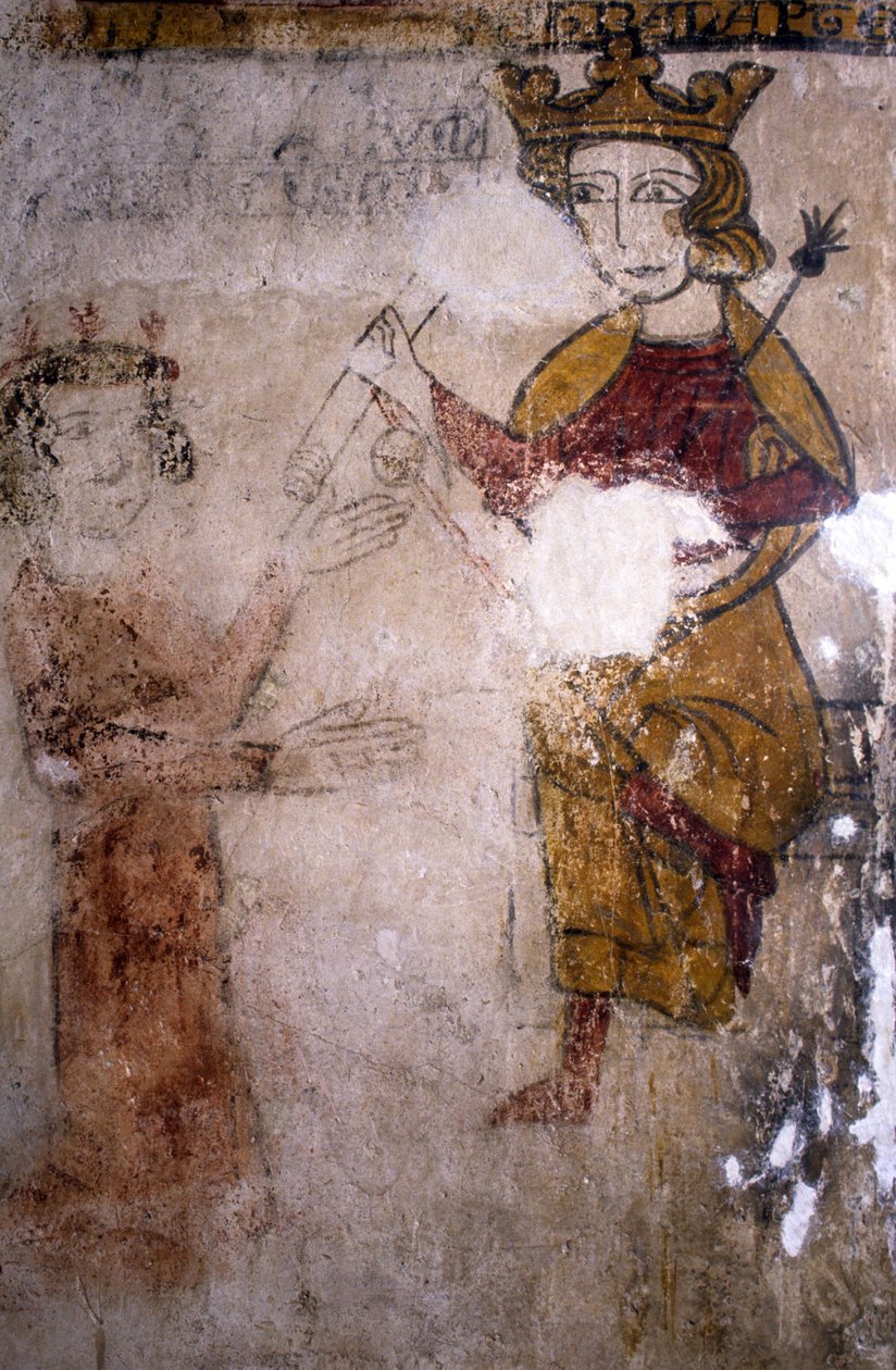 Fresco da Torre Ferrande em Pernes-les-Fontaines (Pernes les Fontaines, Vaucluse (84)) a partir do século XIII: Carlos I de Anjou (1227-1285) para quem é trazido o corpo de Manfred I da Sicília ou Hohenstaufen (ca. 1232-1266). de Unbekannt