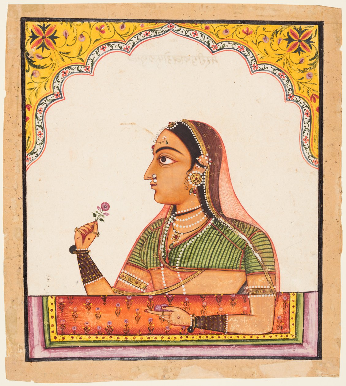 De uma série de retratos femininos: Uma senhora em uma janela jharoka segurando uma rosa, c. 1730 de Unbekannt