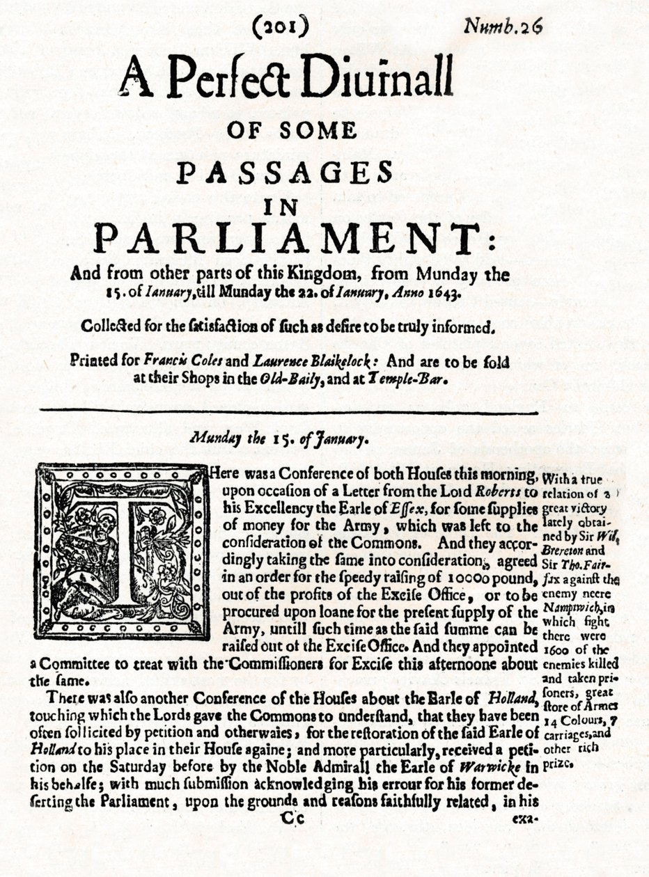Primeira página de Um Diurno Perfeito de Algumas Passagens no Parlamento, 1643 1905 de Unbekannt