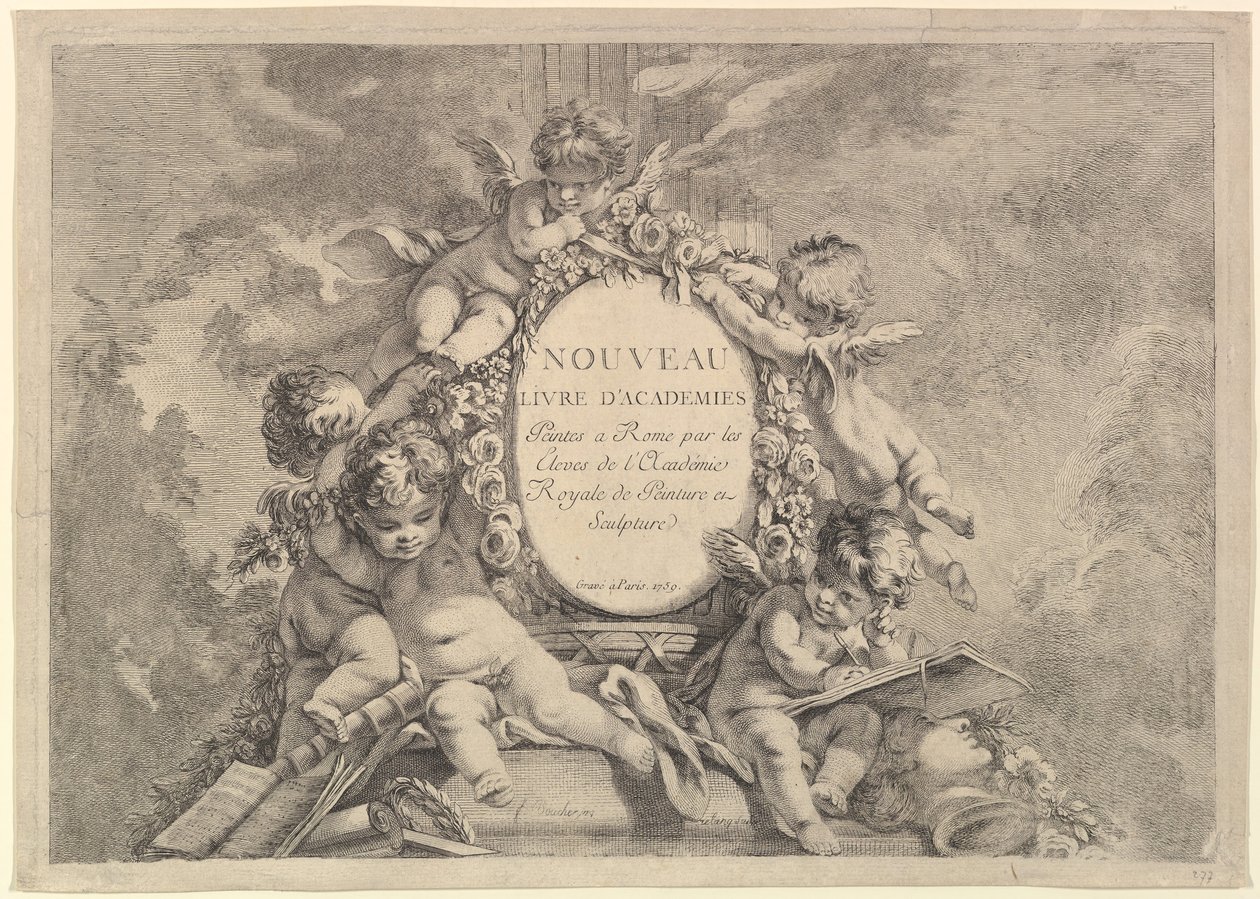 Frontispício, do Novo Livro de Academias Pintado em Roma pelos Estudantes da Académie R ..., 1759. de Unbekannt