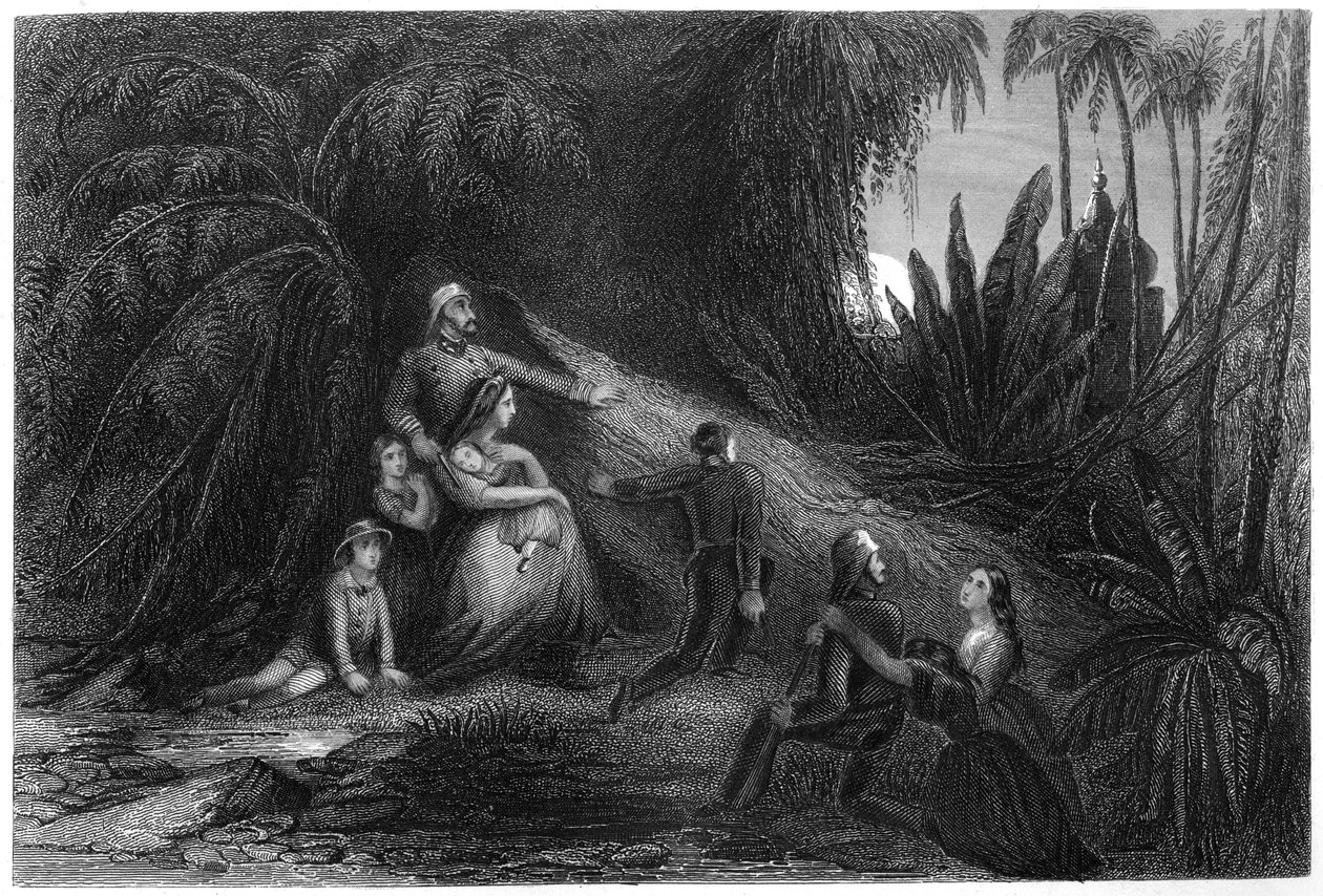 Oficiais fugitivos, com suas famílias se escondendo na selva, 1857, c1860 de Unbekannt