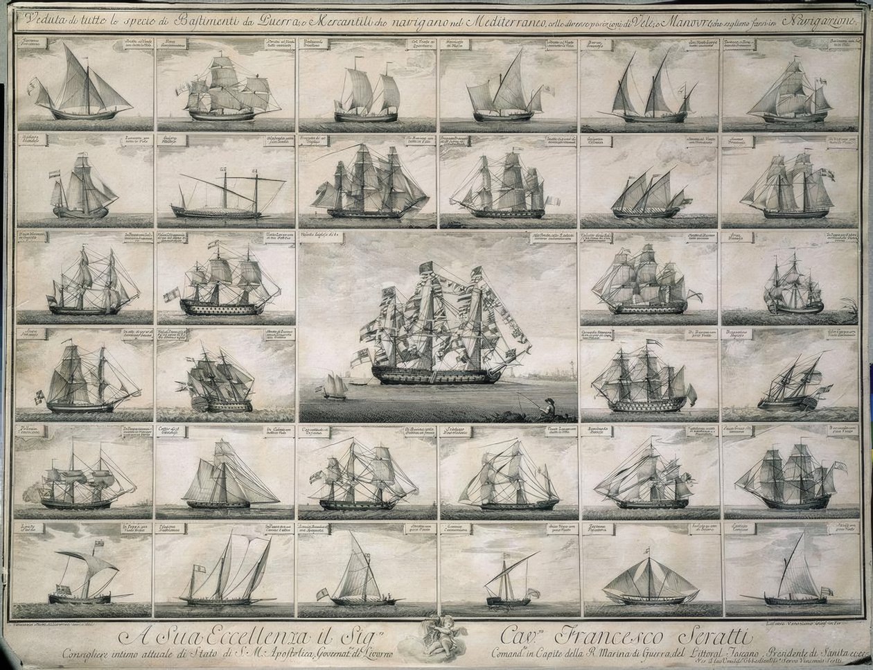 GRAVURA DOS NAVIOS DE GUERRA E NAVIOS MERCANTES QUE NAVEGARAM NO MAR MEDITERRÂNEO de Unbekannt