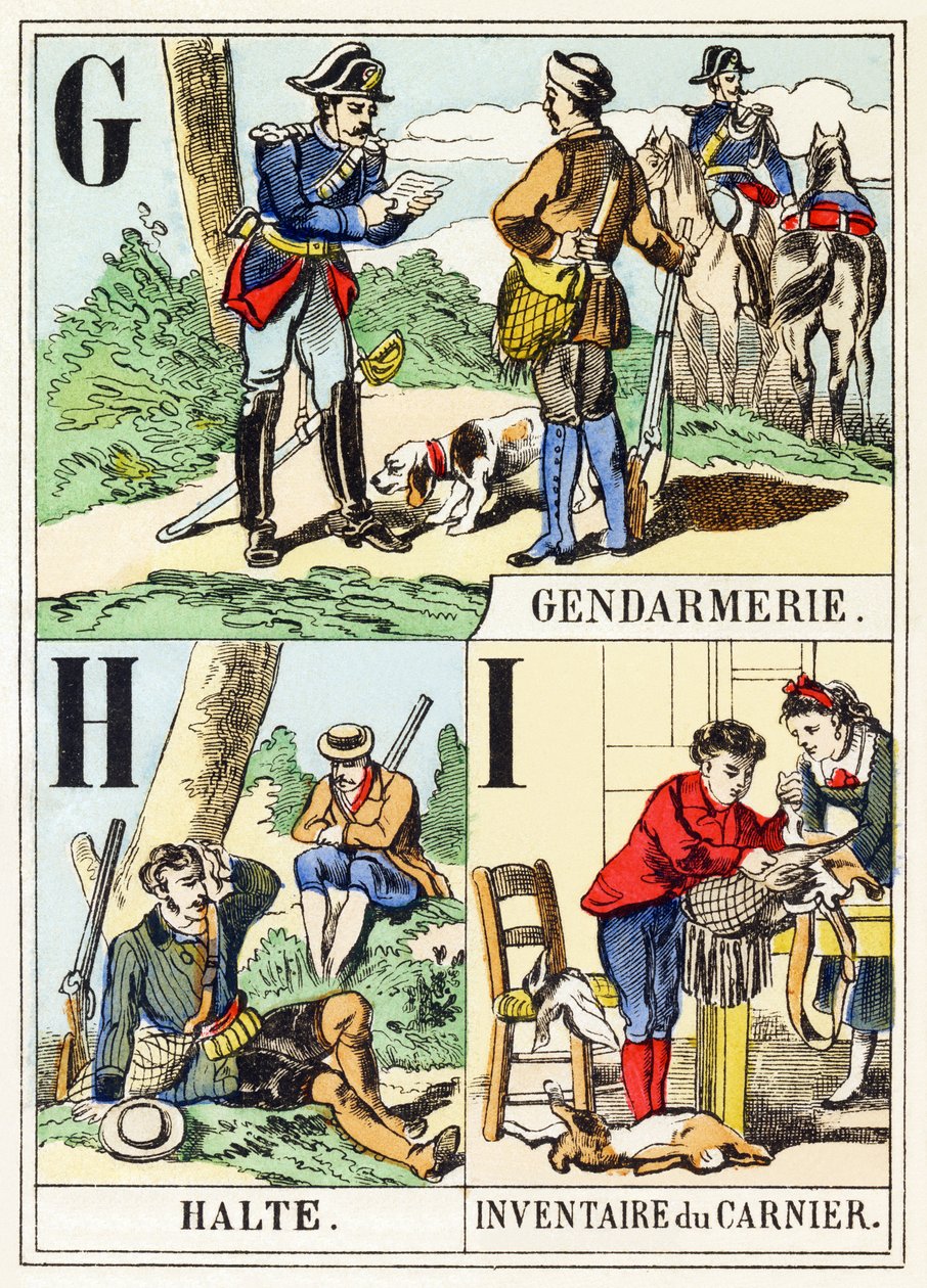 GHI: Gendarmerie, Halte, Inventory of the game bag - The Hunting Alphabet, c.1890 (gravura) de Unbekannt
