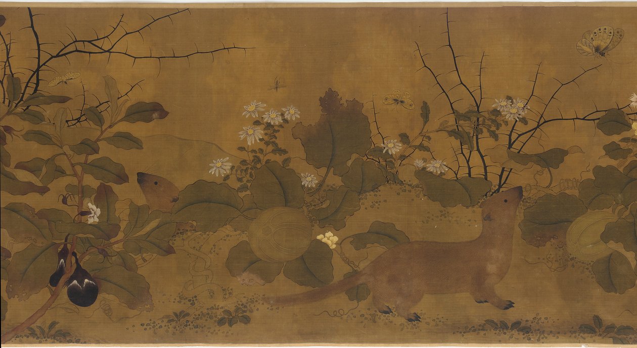 Cena do jardim: melões, berinjelas, flores e duas doninhas, 1368-1644. de Unbekannt