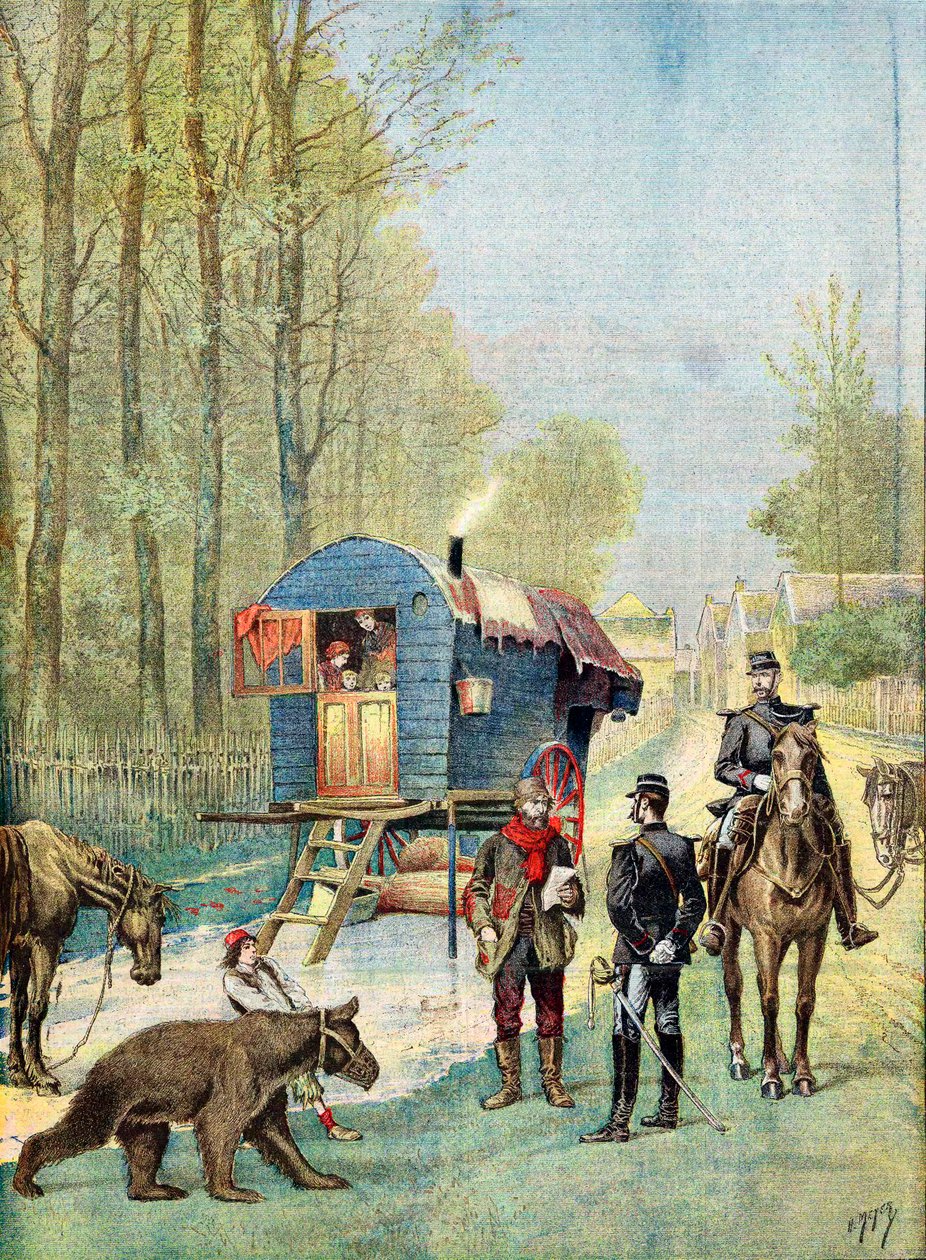 Gendarmes levando formulários do censo a um acampamento de ciganos itinerantes em sua caravana, 1895 de Unbekannt