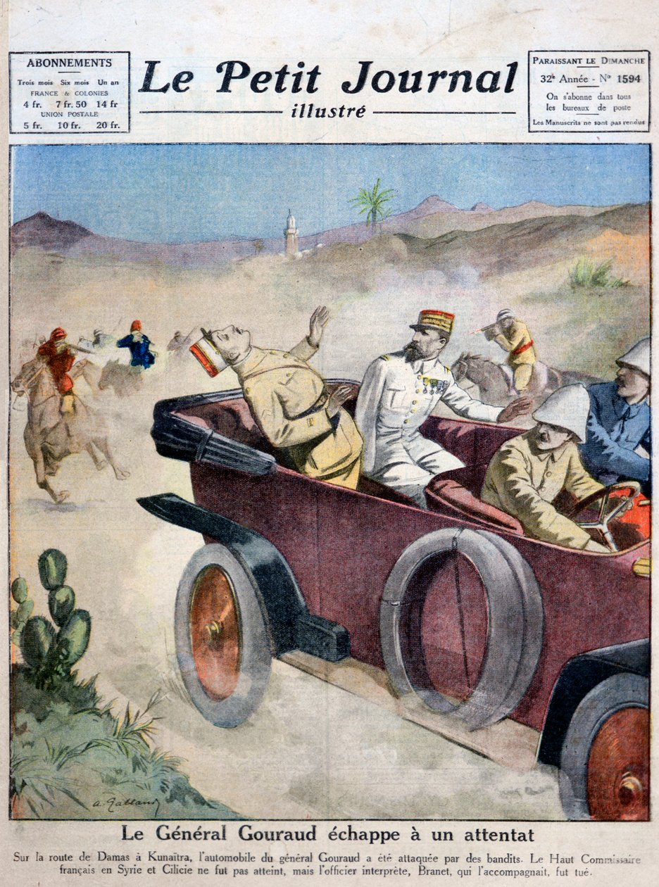 O general Gouraud escapa de uma tentativa de assassinato na rota de Damascas a Kunaitra, 1921 de Unbekannt