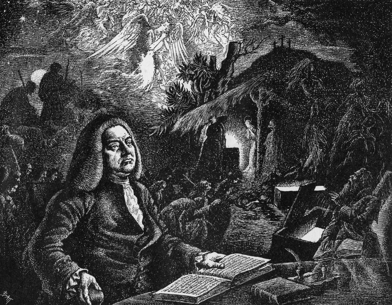 George Frideric Handel 1685-1759 compondo seu Messias, século c18th de Unbekannt