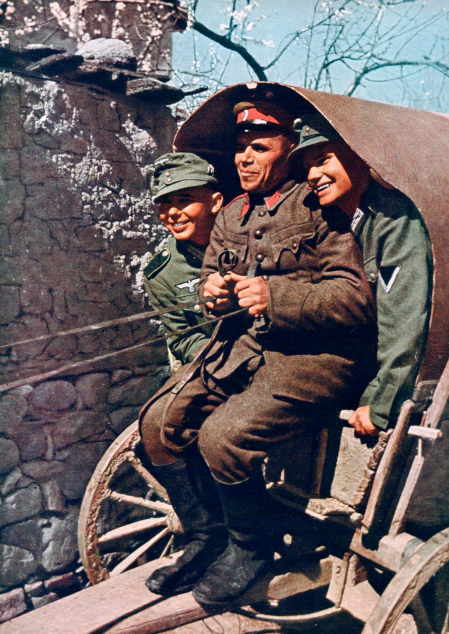 Tropas alpinas alemãs em um carrinho com um soldado búlgaro, Struma Valley, Bulgária, 1941 de Unbekannt