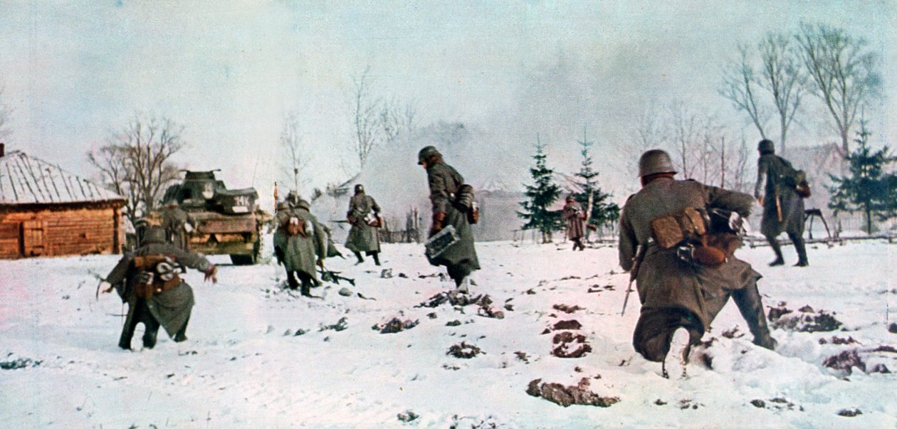 Soldados de infantaria alemães seguindo um tanque em direção a Moscou na neve, Rússia, 1941 de Unbekannt