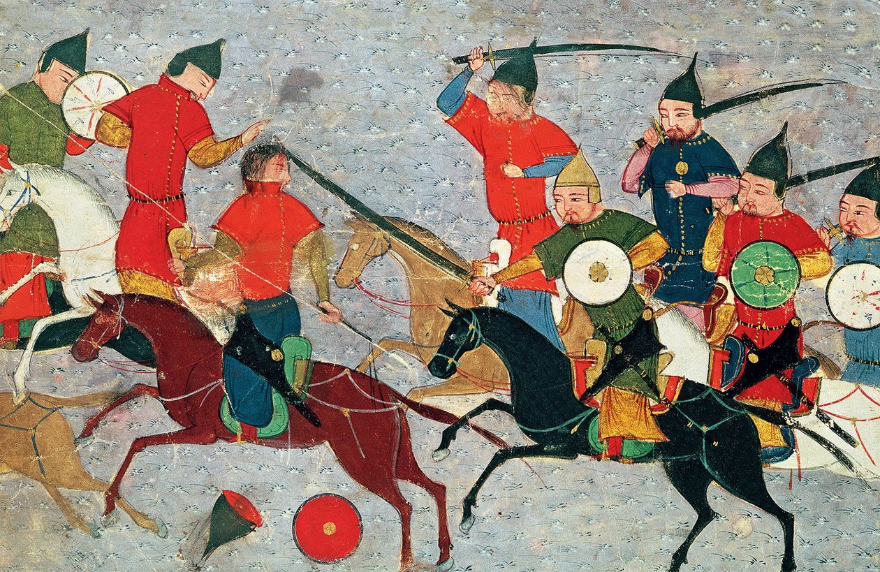 Ghenghis Khan em combate. Miniatura da História Universal de Jami al-tawarikh, ca 1430 de Unbekannt