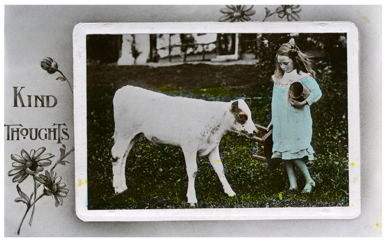 Menina prestes a ordenhar uma vaca, cartão de cumprimentos, c1890-1910 de Unbekannt