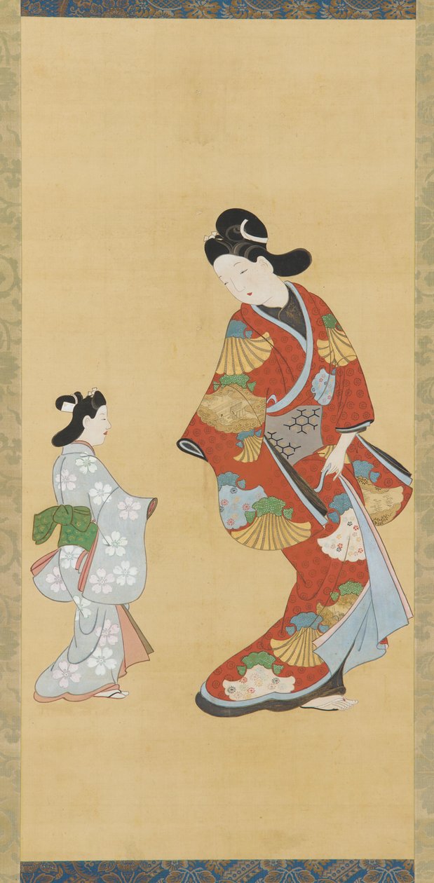 Menina de vestido escarlate e dourado com uma criança, 1615-1868. de Unbekannt