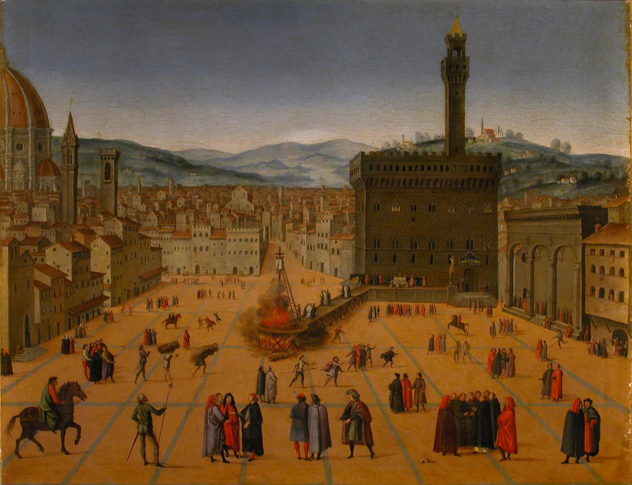 Execução de Girolamo Savonarolas na Piazza della Signoria, em Florença, em 1498, no início do século XVII. de Unbekannt