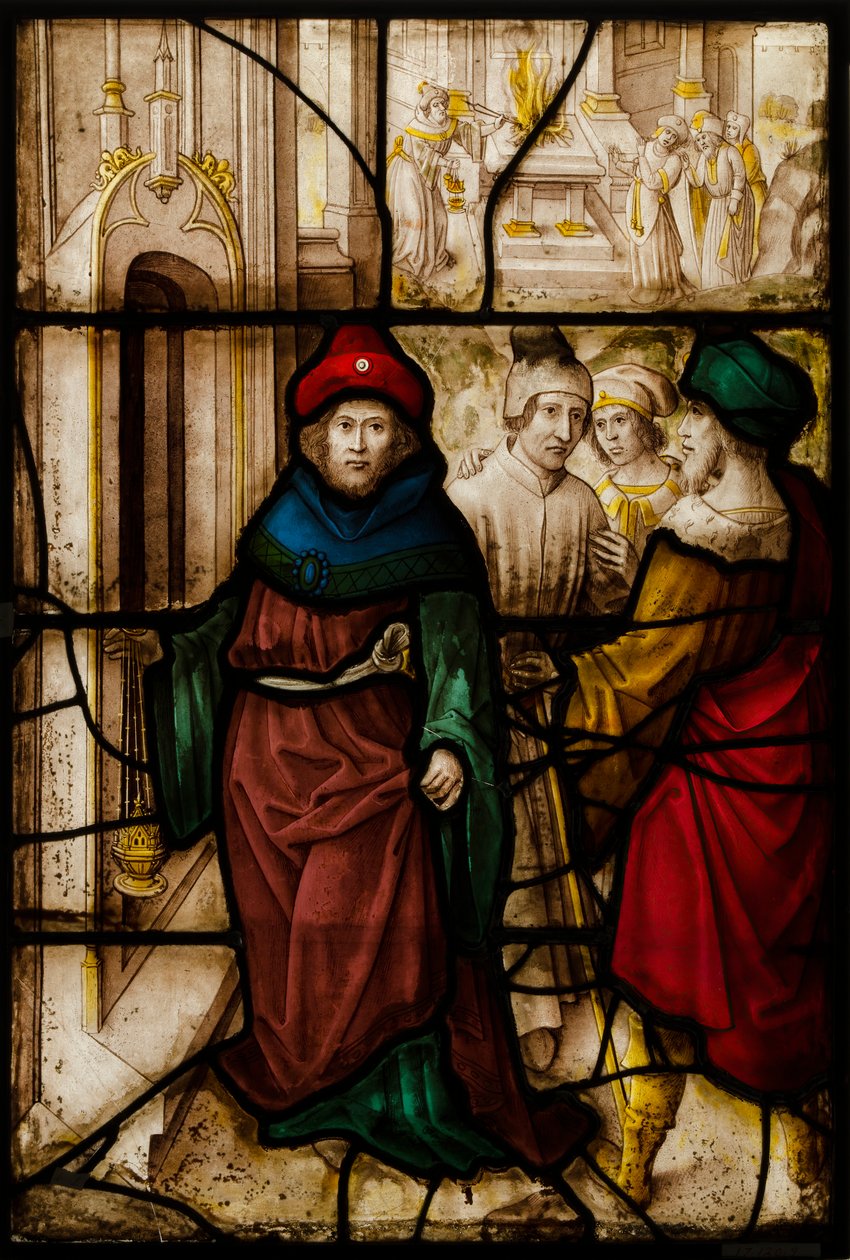 Painel de vidro com profanação de Jerusalém e os ritos sagrados do templo, alemão ou sul do Nether de Unbekannt