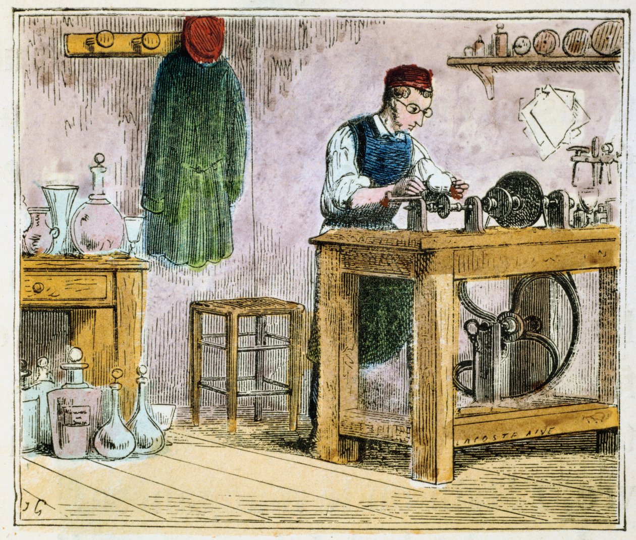 Cortador de vidro que decora artigos de mesa em uma roda de carborundo, 1867 de Unbekannt