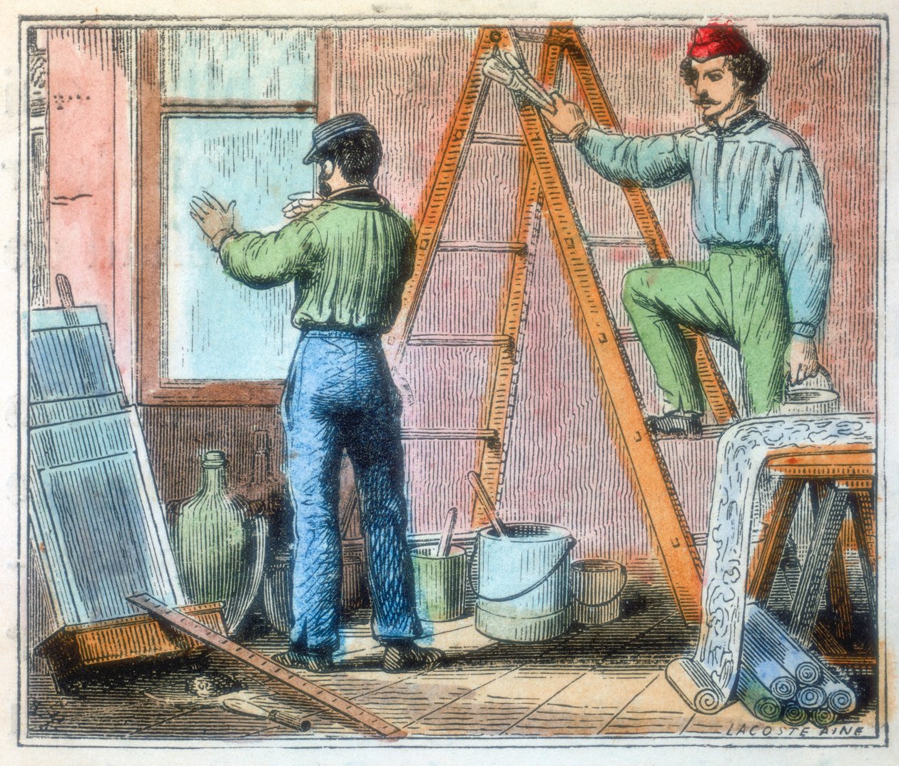 Vidraceiro e cabide de papel de parede trabalhando em uma casa, 1867 de Unbekannt
