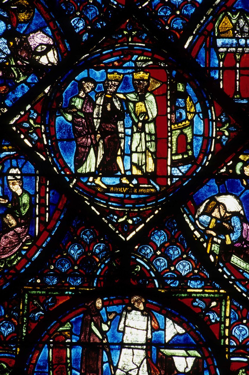 Arquitectura gótica. Histoire de Charlemagne (detalhe): Carlos Magno (742-814) recebido por Constantino I, Imperador Bizantino. Vidro manchado do ambulatório do norte, absidial. Catedral de Carlos Magno. de Unbekannt