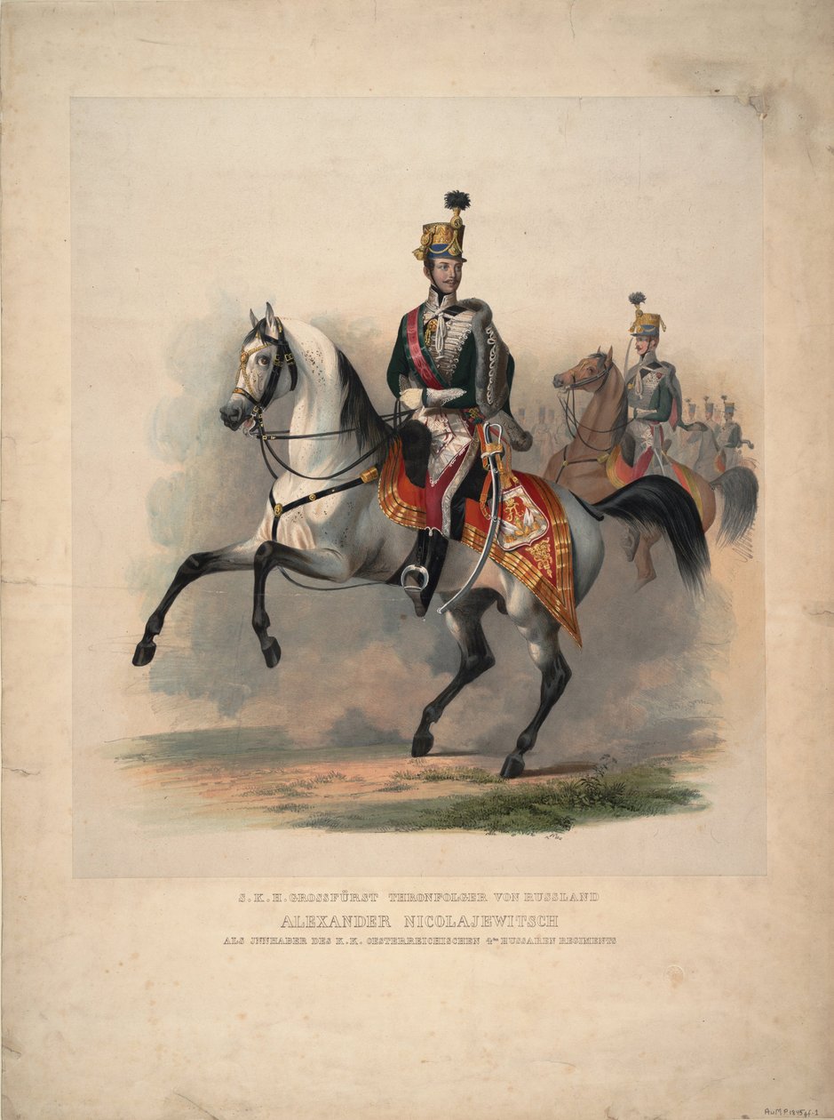 Grão-príncipe Alexander Nikolayevich como coronel-chefe do 4º Regimento Hussar austríaco, 1845 de Unbekannt