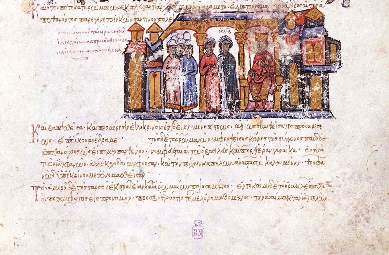 Grã-princesa Olga visitando Constantine VII Miniatura dos Skylitzes de Madri, séculos 11 a 12 de Unbekannt
