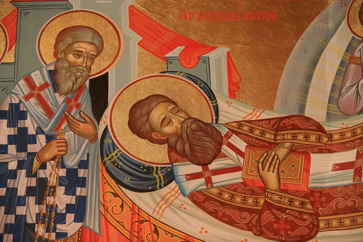 Ícone ortodoxo grego retratando a morte de São Gregório Palamas Thessalonique Grece de Unbekannt
