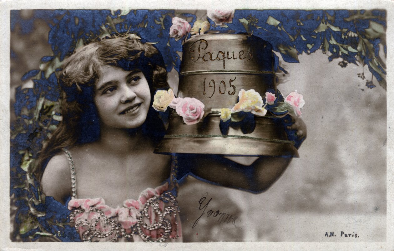 Cartão de Boas Festas da Páscoa: uma jovem sorridente posa ao lado de um sino - Cartão Postal datado de 1905 de Unbekannt