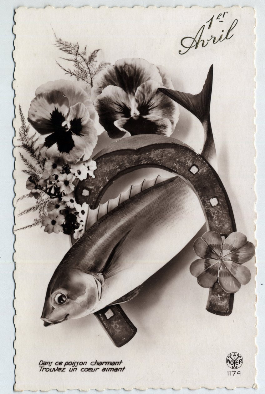 Cartão de saudação para 1 de abril: um peixe, uma ferradura, um trefle de quatro folhas e pensamentos - Cartão postal do final do século 19-20 de Unbekannt