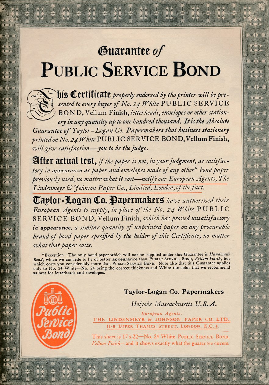 Garantia de vínculo de serviço público - Anúncio da Taylor-Logan Co. Papermakers, 1919 de Unbekannt